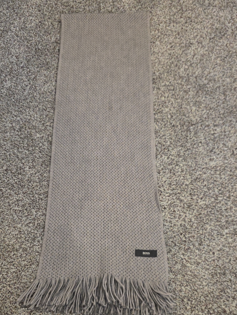 BOSS Men’s Light Gray Knit Scarf with Fringe